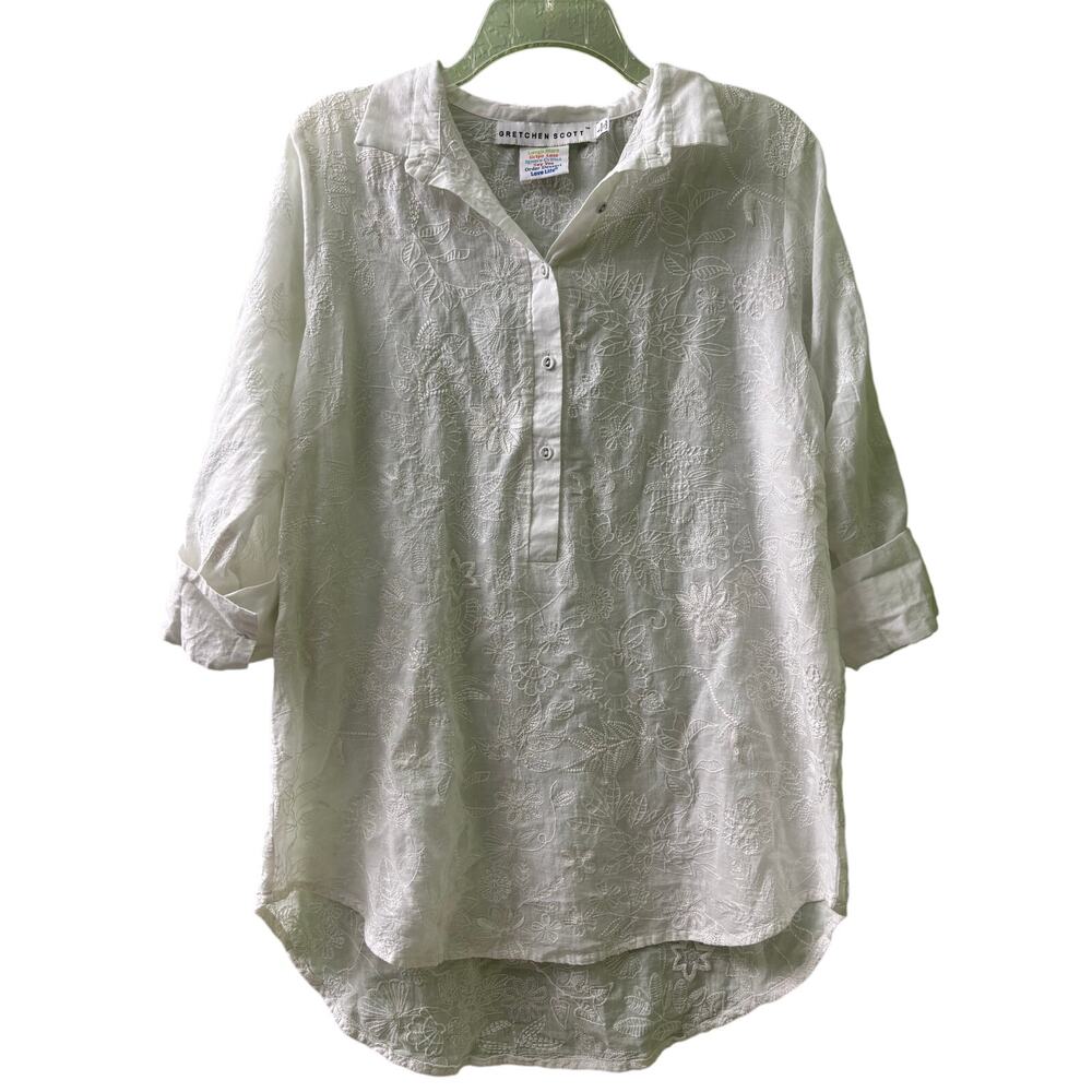 Gretchen Scott Designs Embroidered Floral White Cotton Tunic Shirt Size L